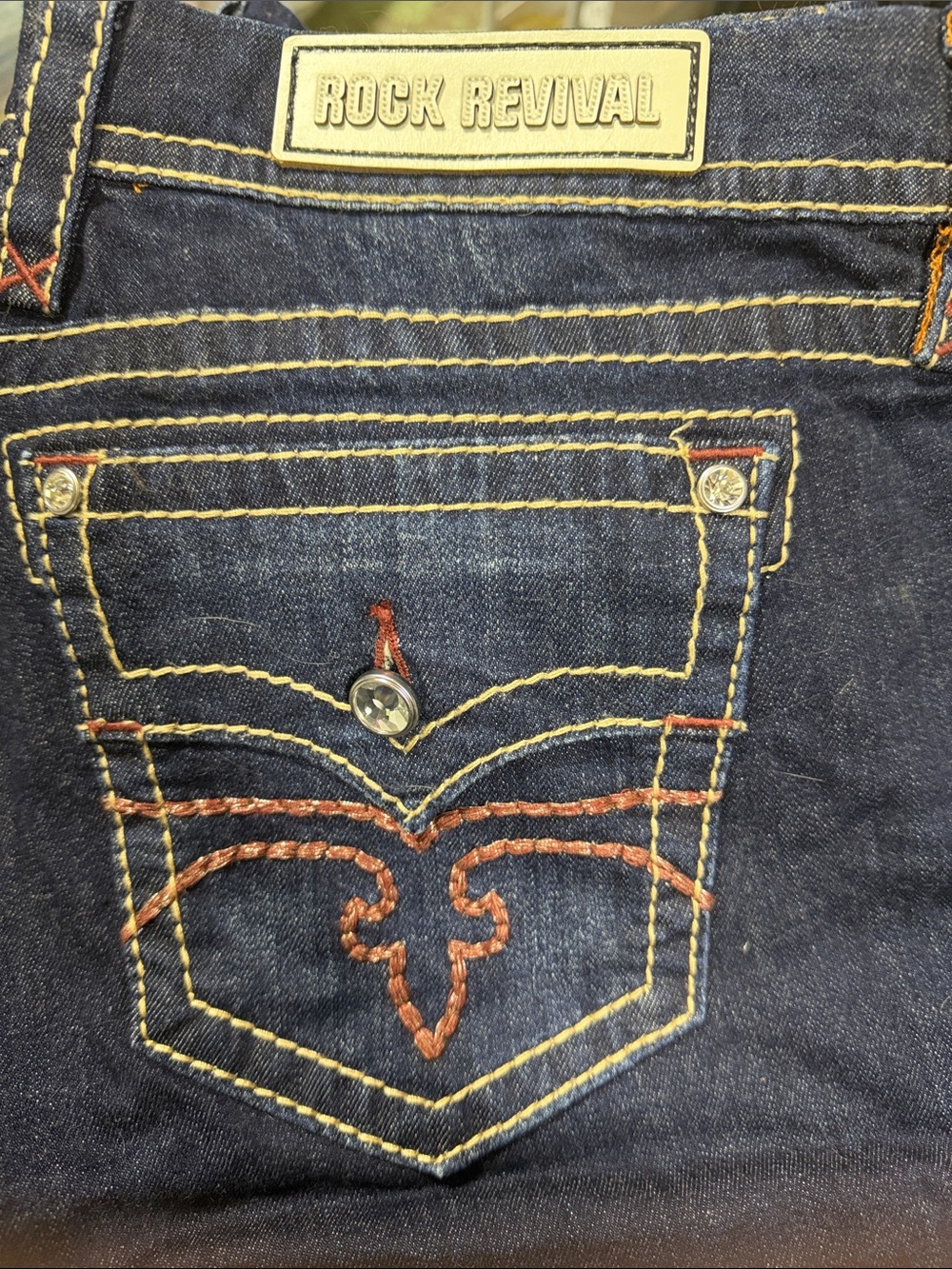 Rock Revival Indigo Jeans w/Yellow & Orange Stitching.  Size 34 Long-34" inseam